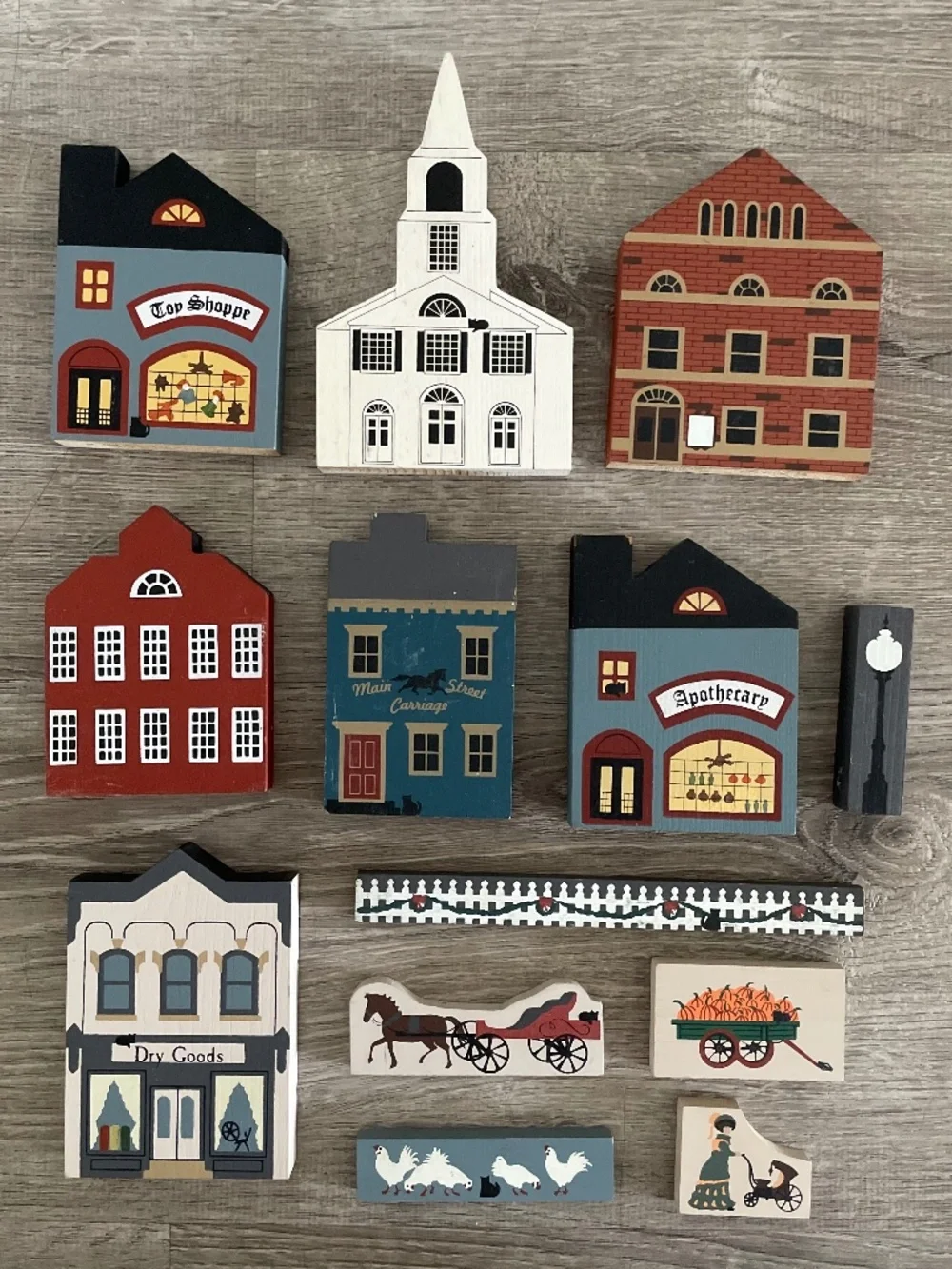 Vintage Cats' Meow Village Wooden Block Lot of 13 Including 7 Buildings - 1980s